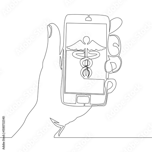 Continuous one single line drawing Hand Holding Smartphone with Caduceus Symbol Digital Healthcare and Medical App vector illustration concept