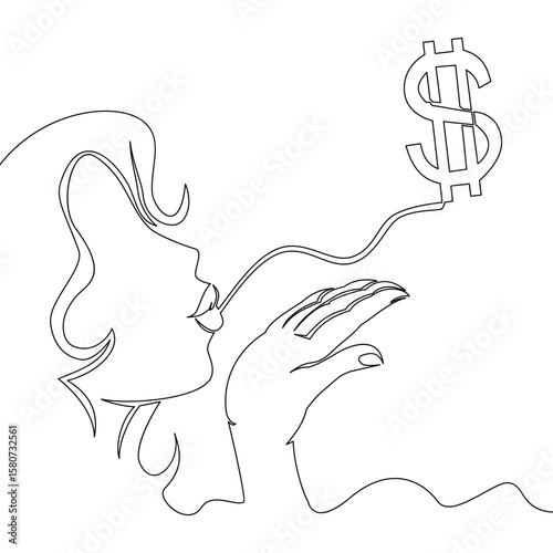 Continuous one single line drawing Woman Blowing Air Kiss with Dollar Symbol Creative Concept of Wealth, Success, and Influence vector illustration concept