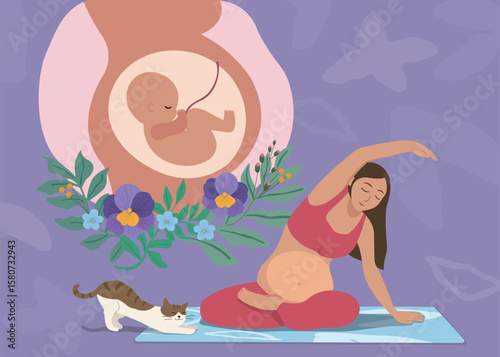 Prenatal Yoga with Baby in Womb Illustration