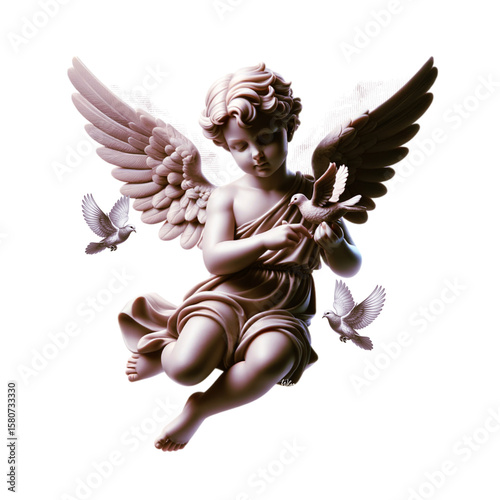 Angel Statue with Doves: A serene angelic figure, crafted from marble, cradles a dove in its delicate hands, with two more doves soaring around.