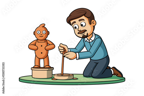 A cartoon man kneels down concentrating on sculpting a small clay figure with a tool on a green platform