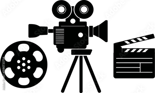A striking illustration features a vintage film camera, film reel, and clapperboard symbolizing cinema and filmmaking, silhouette