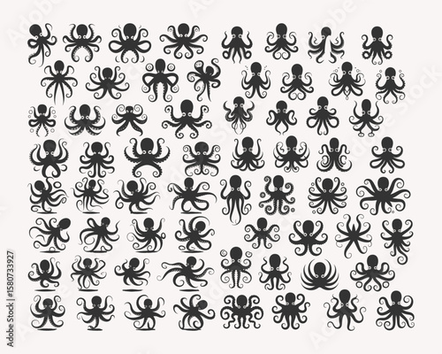Collection of Octopus Illustrations Featuring Various Poses and Styles, Perfect for Ocean-Themed Designs, Marine Life Art, T-shirt Designs, Stickers, Printables, and Underwater Graphics