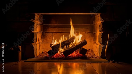 firewood is burning in the fireplace in apartment