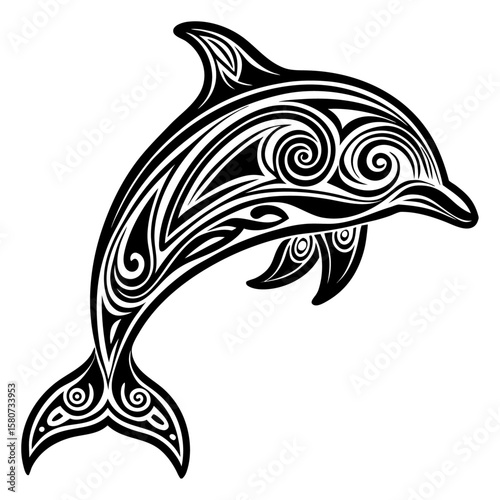 Vector dolphin silhouette fluid, with black wave patterns and tribal marine elements