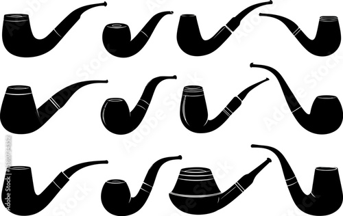  vector illustration of hand-drawn black and white Cigar icons and silhouettes, for smoking 