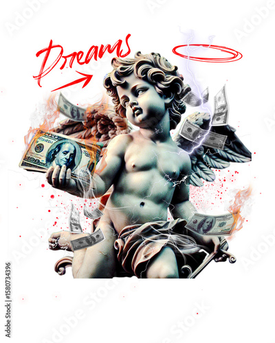Dreams of Abundance: A cherubic angel adorned with delicate wings, clutches money amid a cascade of banknotes. The Dreams inscription adds a layer of intrigue. 