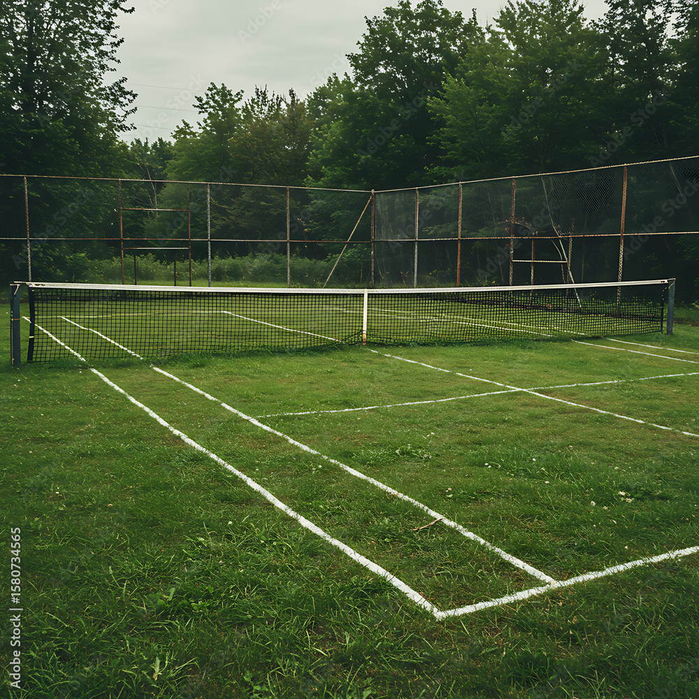 Obraz premium Dilapidated grass tennis court with visible white lines and an old net, surrounded by trees and fencing, conveying abandonment. 