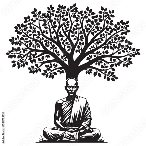 Meditating Monk Silhouette | Zen Vector Design under Bodhi Tree. AI generator
