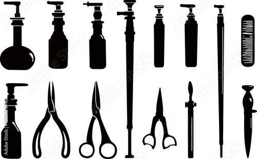 Eleven distinct black silhouettes of vintage tools and bottles are arranged against a white background in a clean, minimal composition.