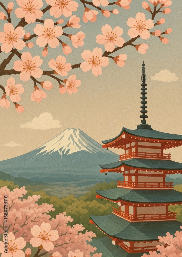 Fototapeta premium Serene Japanese landscape with pagoda.