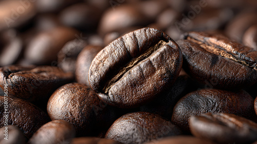 Roasted coffee beans closeup food texture dark brown background caffeine aromatic fresh morning drink energy
