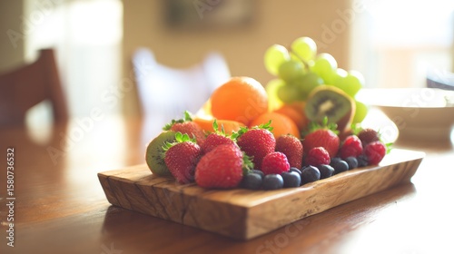 Fresh fruits are placed on the wooden table, showing the beauty and freshness of nature.