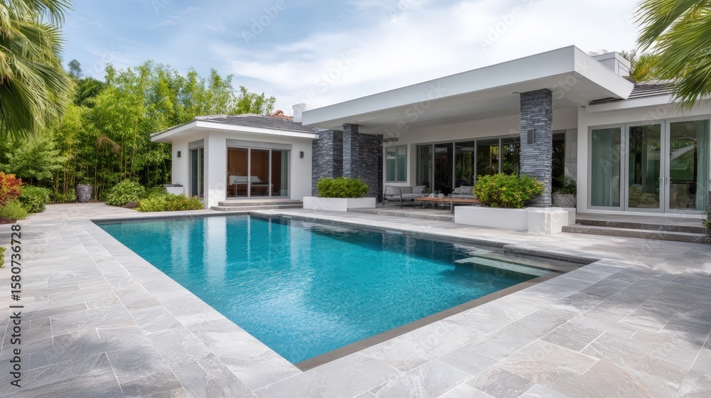 Fototapeta premium Modern home with pool featuring sleek design and white exterior