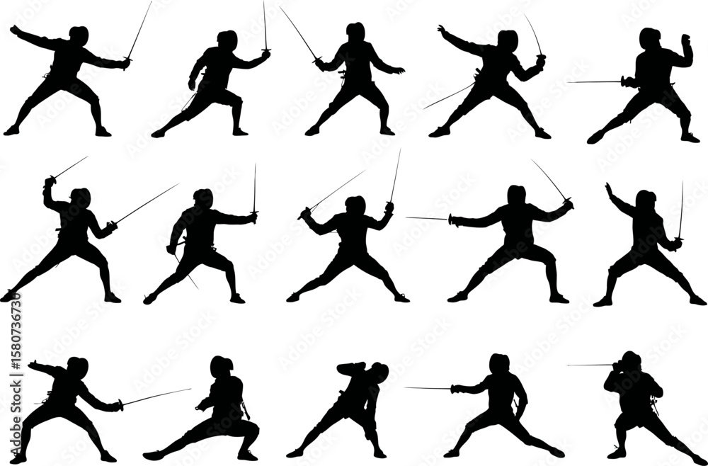 Obraz premium Fencers strike diverse poses in black silhouette against a white backdrop, perfect for graphics about fencing sports and martial arts.