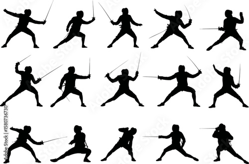 Fencers strike diverse poses in black silhouette against a white backdrop, perfect for graphics about fencing sports and martial arts.
