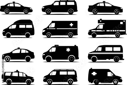 A collection of black silhouette vehicles features taxis, ambulances, vans and other automobiles on a white background in vector format.