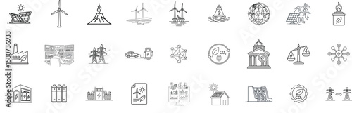 Renewable energy and low emission sustainable power system line icon set including solar, wind, hydrogen and EV charging. Clean energy generation and grid infrastructure vector illustration.



