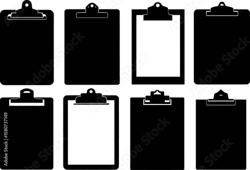 Eight clipboard icons in a vector design present office equipment, clipboards for notes and paperwork in black and white, silhouette