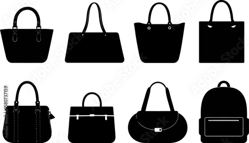 Elegant collection showcasing various black handbag silhouettes, purses, and a stylish backpack on a clean white background.