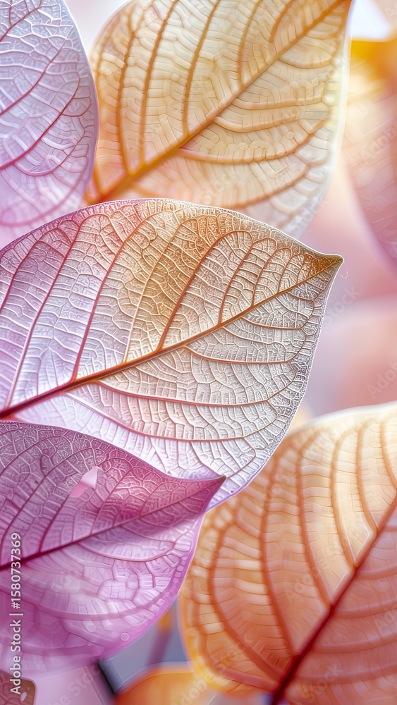 Obraz premium Close-up of translucent leaves in soft pastel colors, showcasing intricate vein patterns.