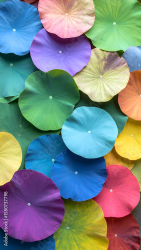 A vibrant arrangement of colorful circular shapes resembling lily pads.