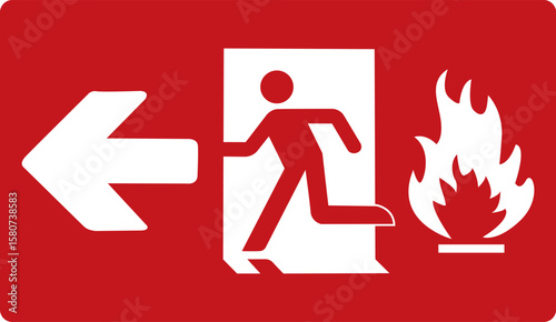 Fire exit on the left. Red sign. Evacuation exit. Designations of the location of the emergency evacuation exit. Quick and safe exit from a building or object. Direction to a safe zone.