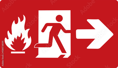 Fire exit on the right. Red sign. Evacuation exit. Designations of the location the emergency evacuation exit. Quick and safe exit from a building or object. Direction to a safe area in case of fire.