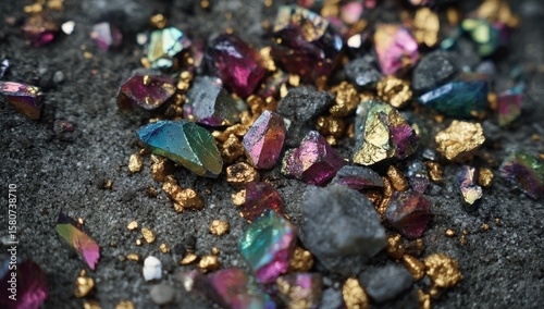 Colorful crystals and gold nuggets on dark ground