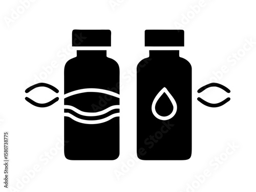 Two stylized plastic water bottles, one light and one dark, perfect for beverage design concepts. Simple, flat vector illustration of two plastic water bottles, one light gray/white with dark stripes,