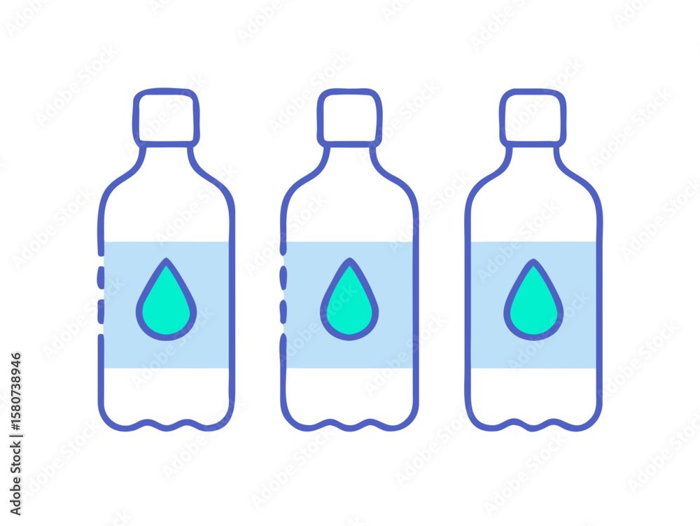 Fototapeta premium Two stylized plastic water bottles, one light and one dark, perfect for beverage design concepts. Simple, flat vector illustration of two plastic water bottles, one light gray/white with dark stripes,