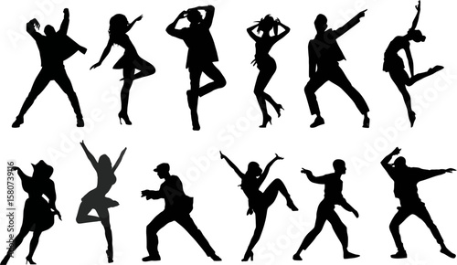 Silhouettes of dancers showcase energetic movements, creating a dynamic and expressive performance vector on a white background for various designs.
