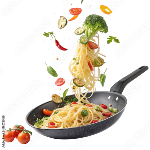 Cooking Italian pasta with colorful vegetables flying over a hot pan on a plain white background