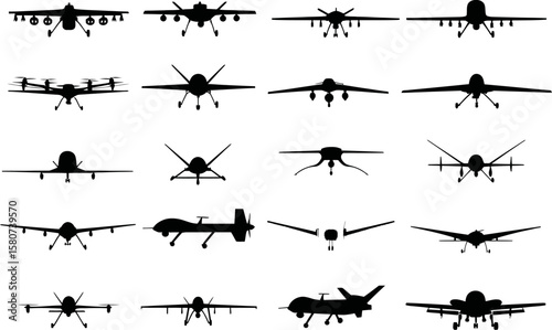 Various drone silhouettes are presented on a white background, showcasing unmanned aerial vehicles, for technology and military themes.