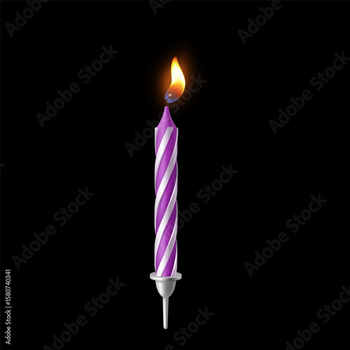 Vector realistic, with purple stripes, burning flame and stand candle.