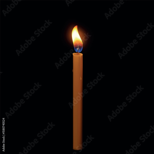 Burning candle with flowing wax 3D vector illustration, realistic thin long glowing lit paraffin candle with fire flame