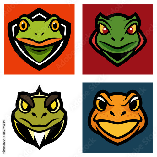 Four frog mascot logos in different styles and colors with fierce expressions and unique backgrounds