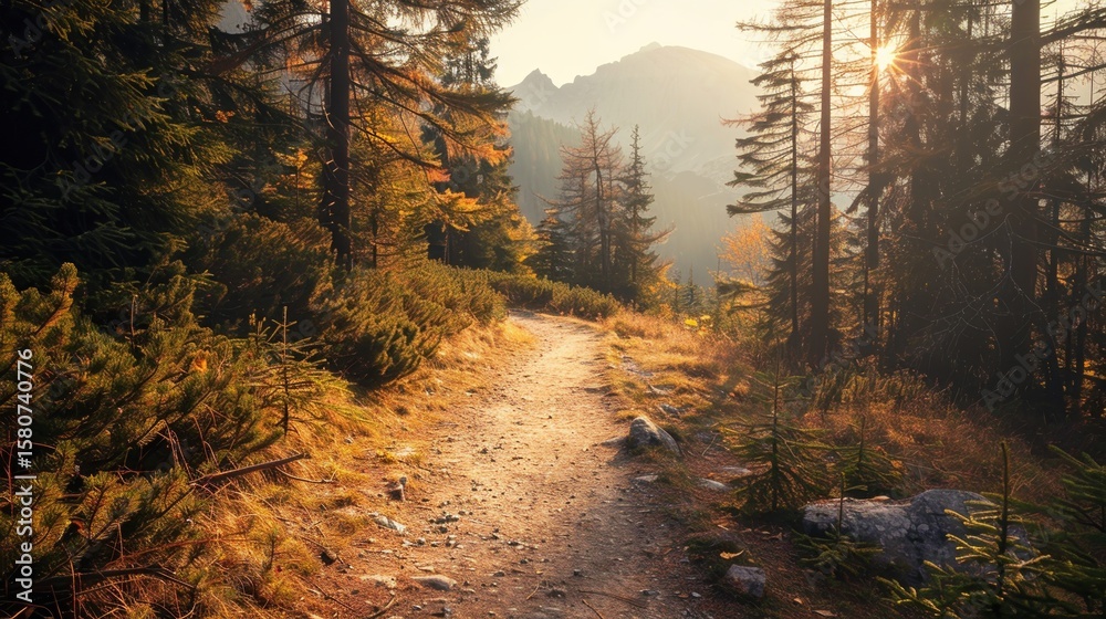 Fototapeta premium Peaceful autumn forest trail with colorful leaves and fresh mountain air.
