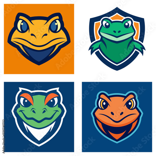 Collection of cartoon frog mascots with different colors and styles in a square grid layout image