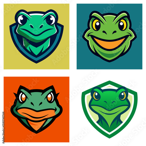 Four cartoon frog faces with varying expressions and backgrounds displayed in a square arrangement design