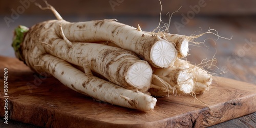 A bunch of freshly harvested salsify roots on a wooden board.