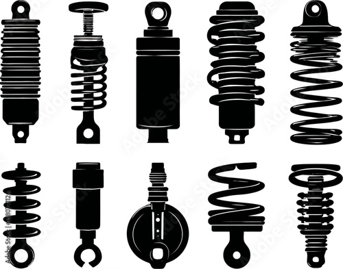 Diverse shock absorbers in black silhouette showcase automotive components and suspension systems for engineering and mechanics, offering robust stability