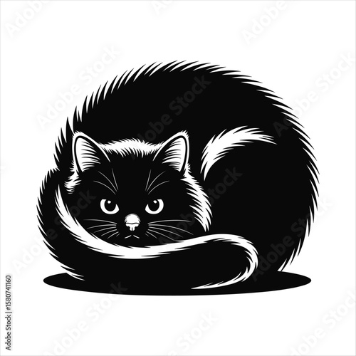 Black cat curled up in a ball silhouette with white eyes and whiskers vector