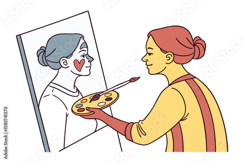 Creative artist with green hair holds a palette and paintbrush painting a portrait of a girl with blue face paint on an easel