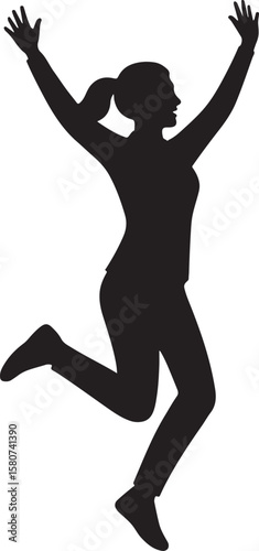 Silhouette of Cheerful Woman Jumping Up in Joy for Happiness and Lifestyle Theme