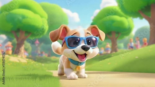 Eyewear cartoon puppy running happily with sunglasses
