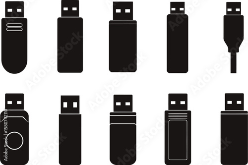 Collection of USB flash drives illustrated as black silhouettes on a white background, useful for technology concepts.