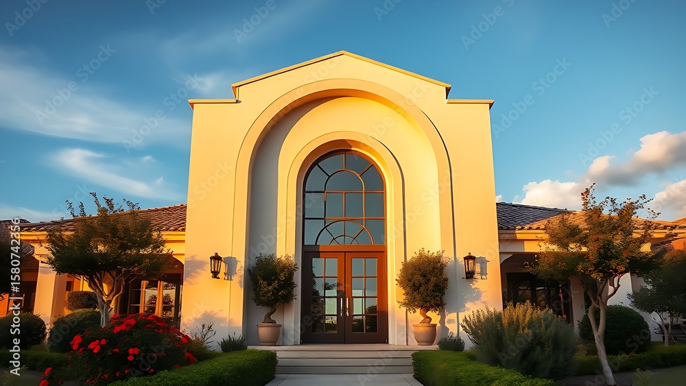 Obraz premium Grand arched doorway of a contemporary villa, framed by Mediterranean gardens under golden hour light.