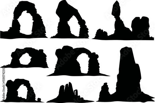 Striking silhouettes of natural stone arches evoke a sense of geological wonder, perfect for graphic designs and travel concepts.