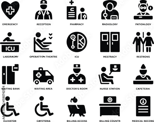 Collection of medical and hospital service icons with labels on white background